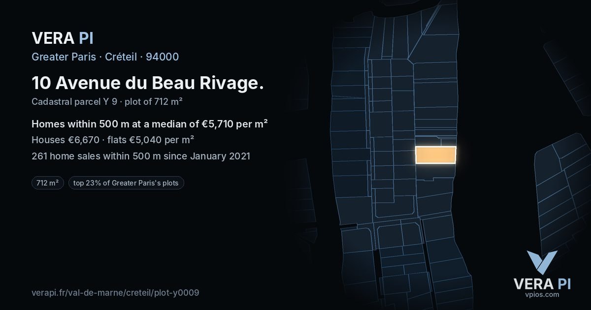 10 Avenue du Beau Rivage, Créteil at night – the plot lit, the parcels around coloured by the prices near them