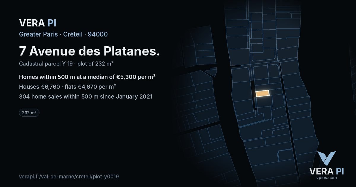 7 Avenue des Platanes, Créteil at night – the plot lit, the parcels around coloured by the prices near them