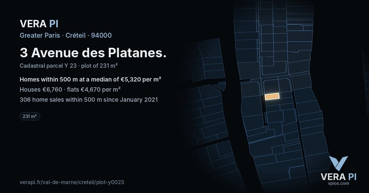 3 Avenue des Platanes, Créteil at night – the plot lit, the parcels around coloured by the prices near them