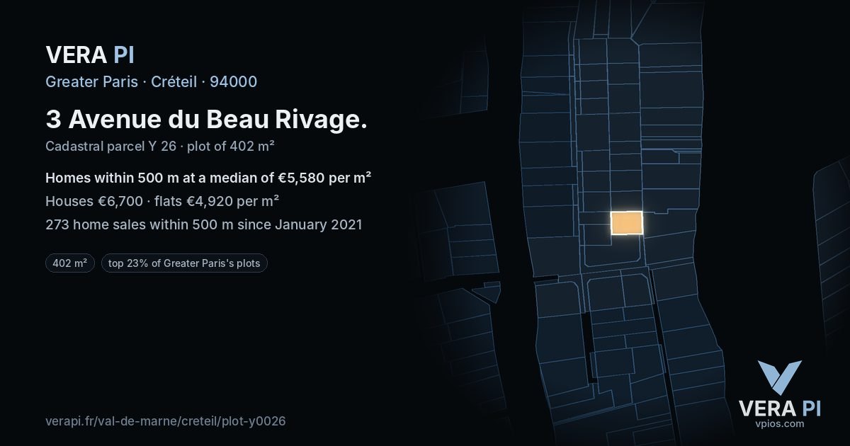 3 Avenue du Beau Rivage, Créteil at night – the plot lit, the parcels around coloured by the prices near them