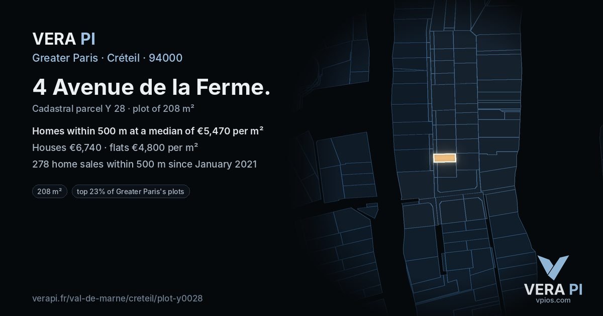4 Avenue de la Ferme, Créteil at night – the plot lit, the parcels around coloured by the prices near them