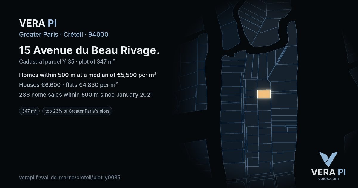 15 Avenue du Beau Rivage, Créteil at night – the plot lit, the parcels around coloured by the prices near them