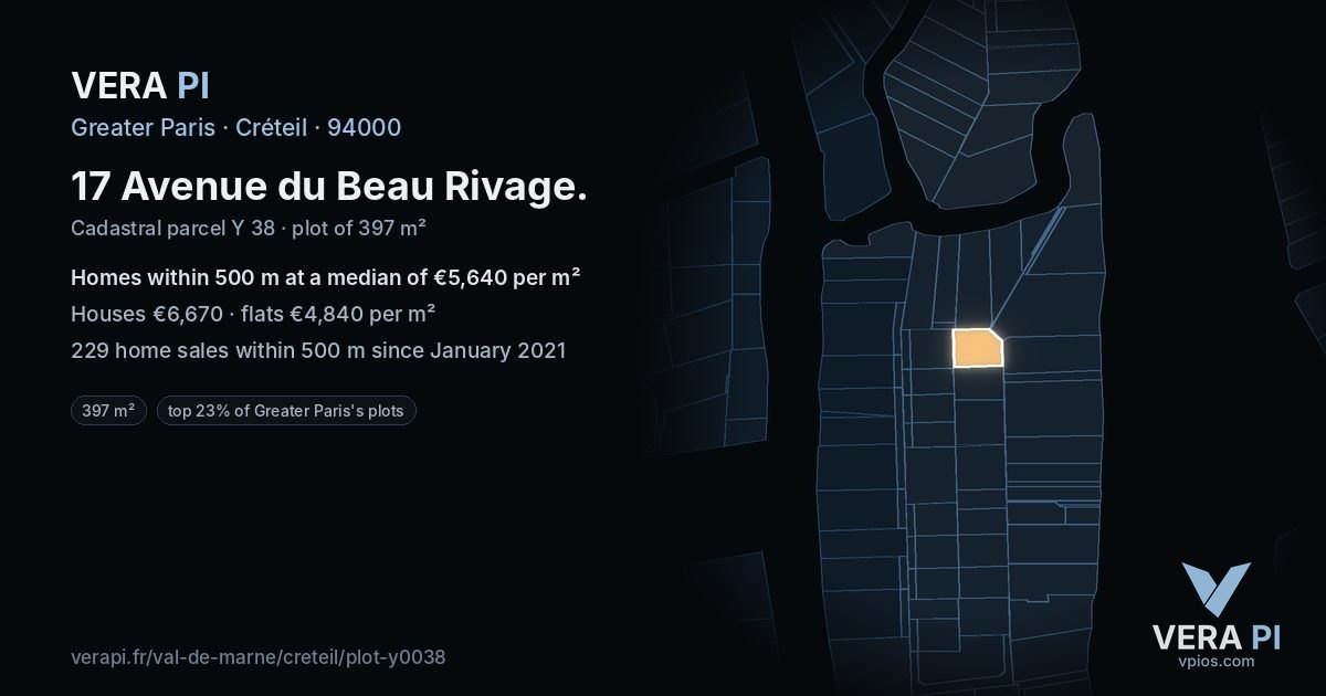 17 Avenue du Beau Rivage, Créteil at night – the plot lit, the parcels around coloured by the prices near them