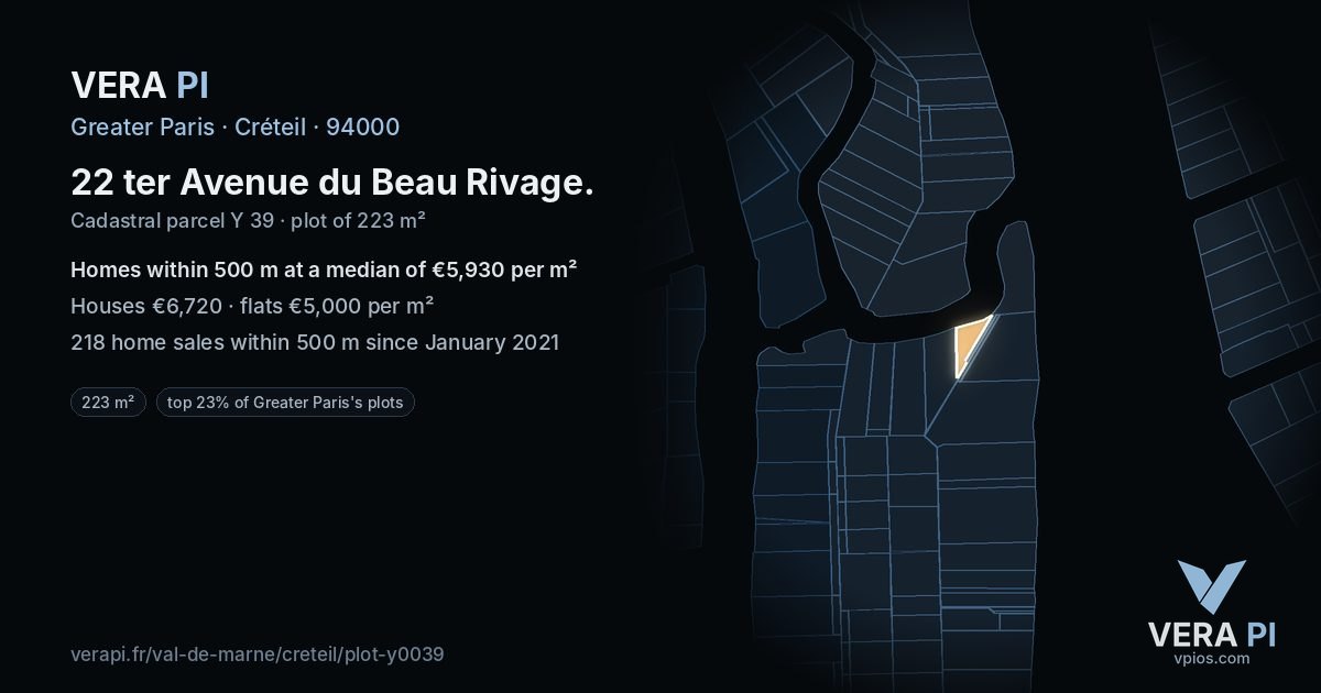 22 ter Avenue du Beau Rivage, Créteil at night – the plot lit, the parcels around coloured by the prices near them