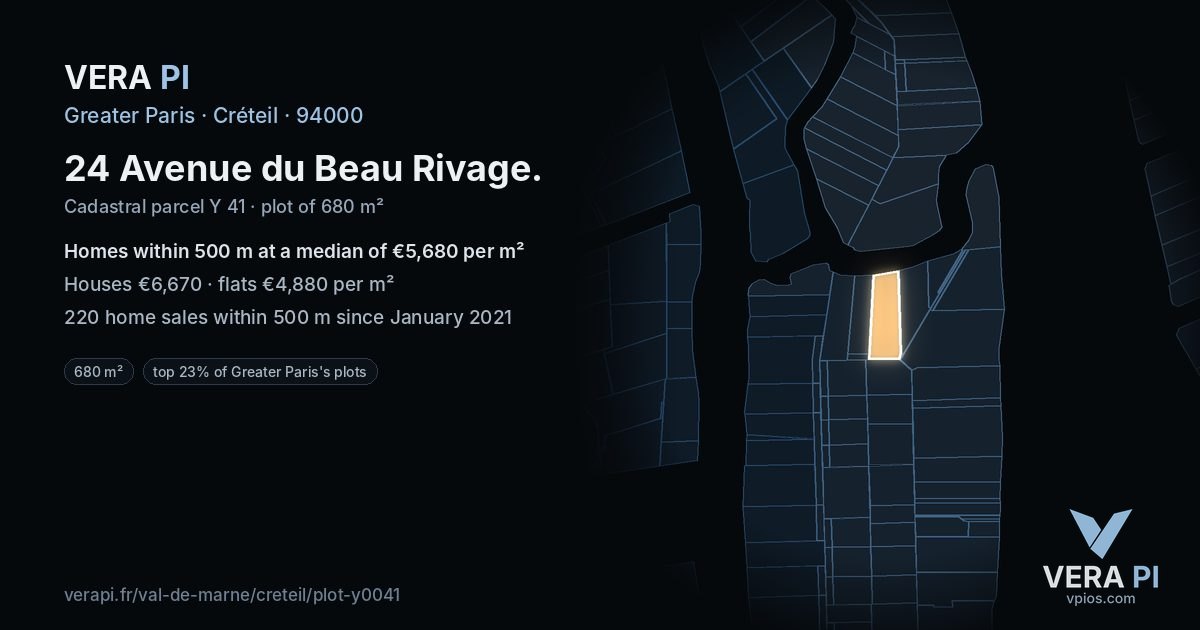 24 Avenue du Beau Rivage, Créteil at night – the plot lit, the parcels around coloured by the prices near them