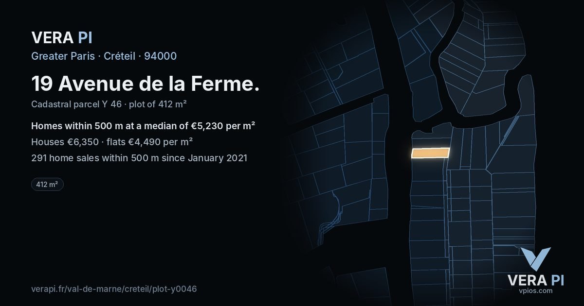 19 Avenue de la Ferme, Créteil at night – the plot lit, the parcels around coloured by the prices near them