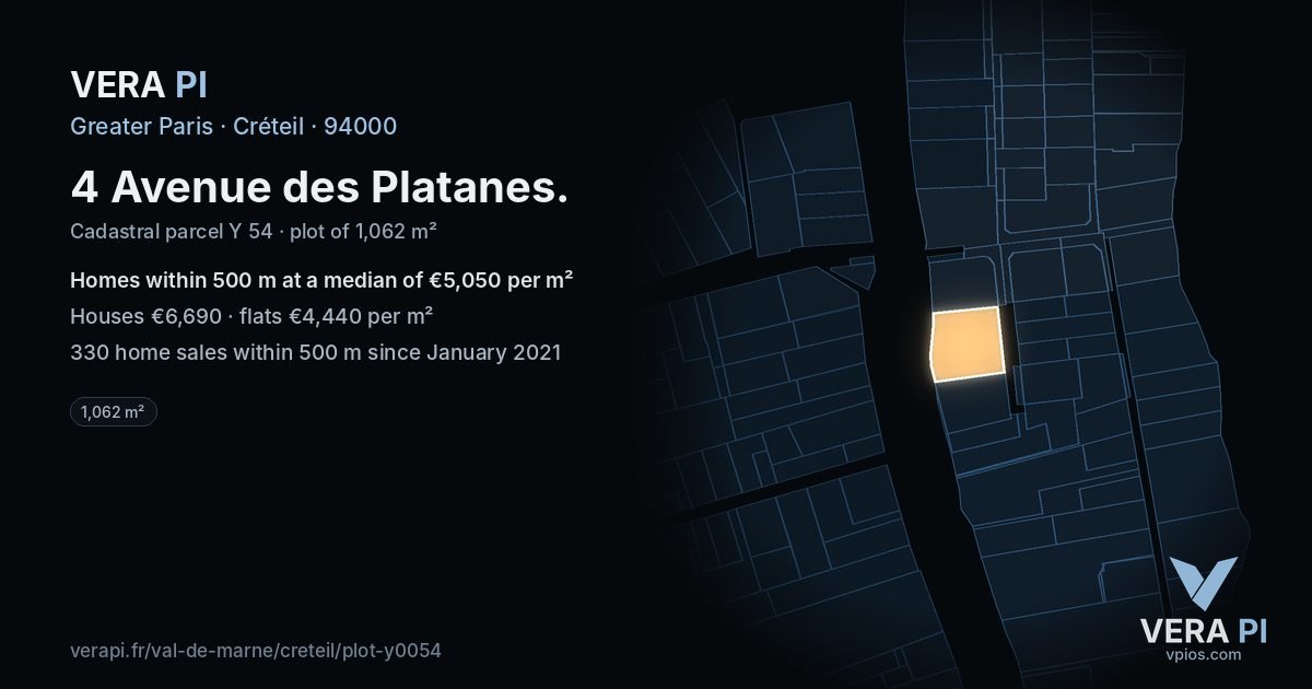 4 Avenue des Platanes, Créteil at night – the plot lit, the parcels around coloured by the prices near them