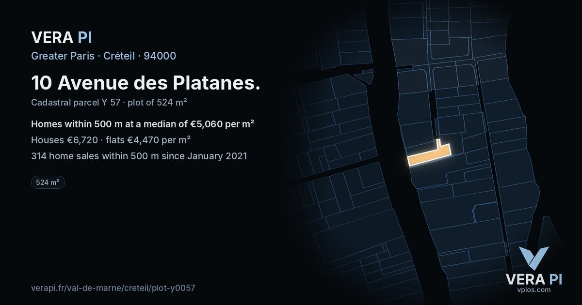 10 Avenue des Platanes, Créteil at night – the plot lit, the parcels around coloured by the prices near them