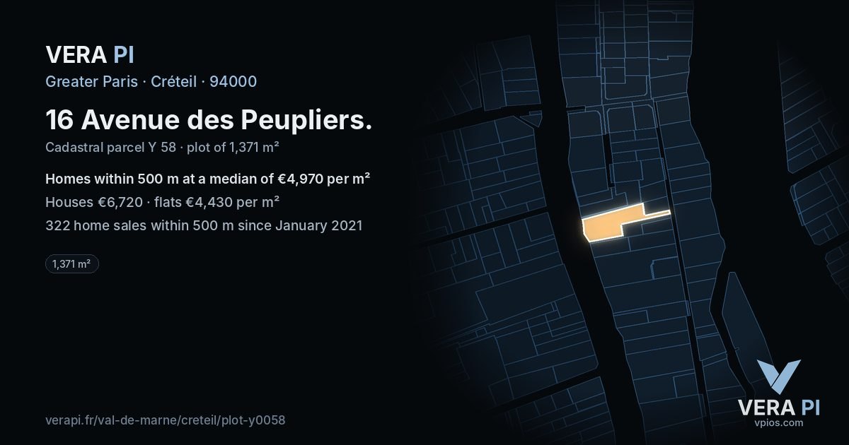 16 Avenue des Peupliers, Créteil at night – the plot lit, the parcels around coloured by the prices near them