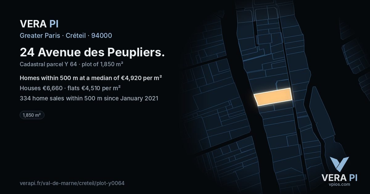 24 Avenue des Peupliers, Créteil at night – the plot lit, the parcels around coloured by the prices near them