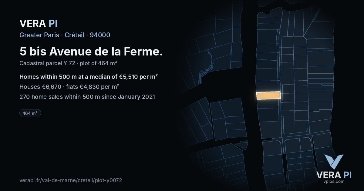 5 bis Avenue de la Ferme, Créteil at night – the plot lit, the parcels around coloured by the prices near them