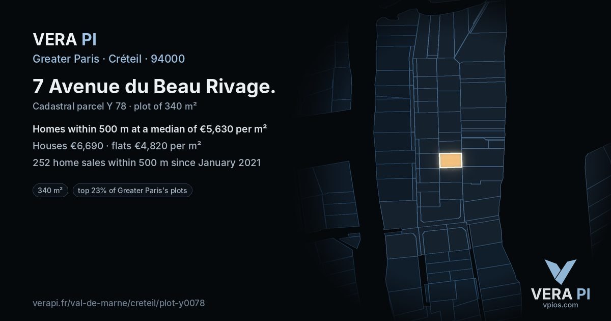 7 Avenue du Beau Rivage, Créteil at night – the plot lit, the parcels around coloured by the prices near them