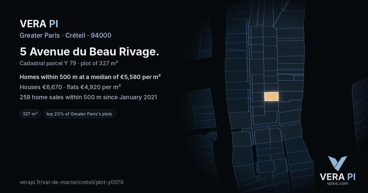 5 Avenue du Beau Rivage, Créteil at night – the plot lit, the parcels around coloured by the prices near them