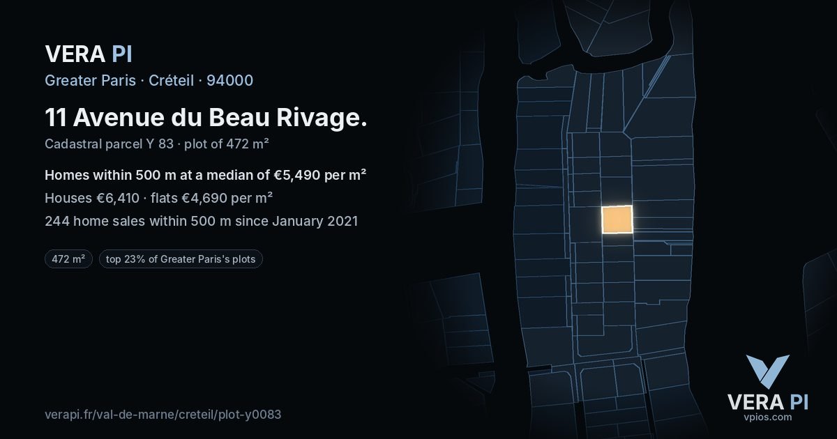 11 Avenue du Beau Rivage, Créteil at night – the plot lit, the parcels around coloured by the prices near them