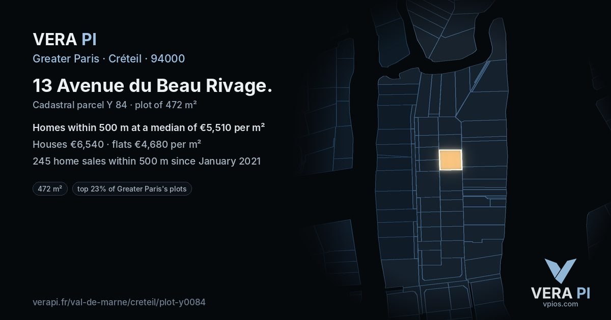 13 Avenue du Beau Rivage, Créteil at night – the plot lit, the parcels around coloured by the prices near them