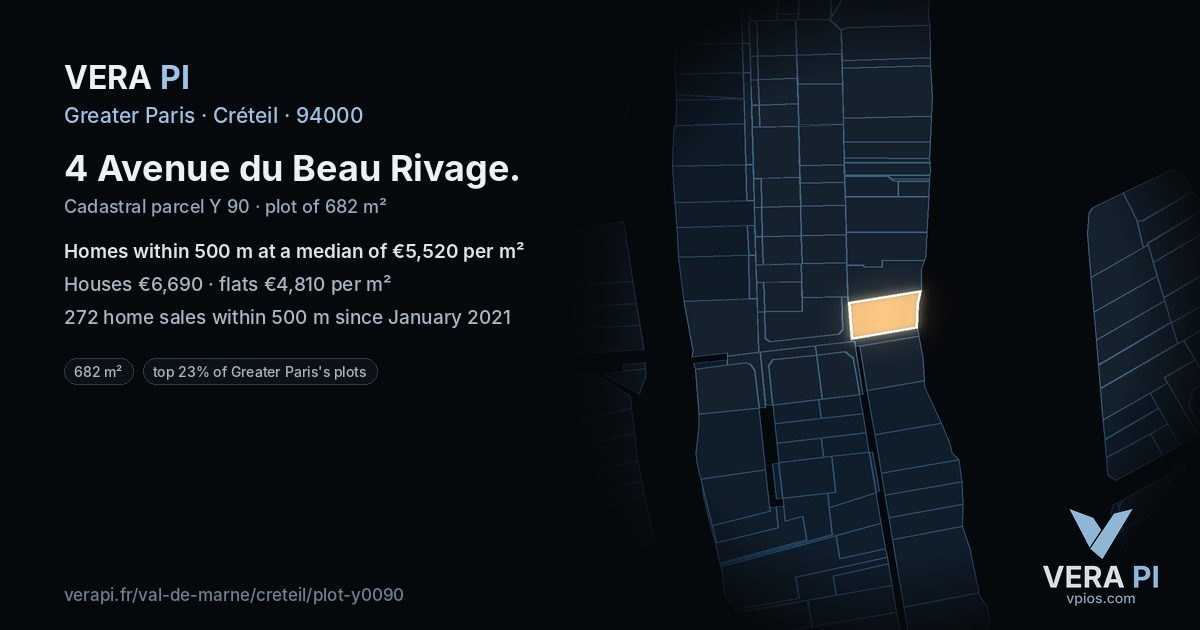4 Avenue du Beau Rivage, Créteil at night – the plot lit, the parcels around coloured by the prices near them