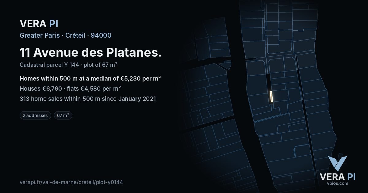 11 Avenue des Platanes, Créteil at night – the plot lit, the parcels around coloured by the prices near them