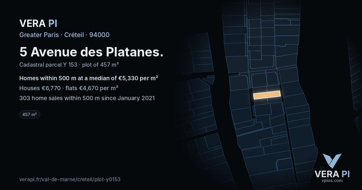 5 Avenue des Platanes, Créteil at night – the plot lit, the parcels around coloured by the prices near them
