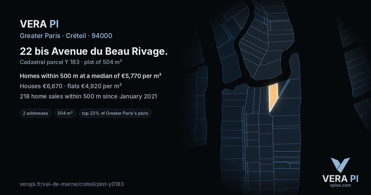 22 bis Avenue du Beau Rivage, Créteil at night – the plot lit, the parcels around coloured by the prices near them