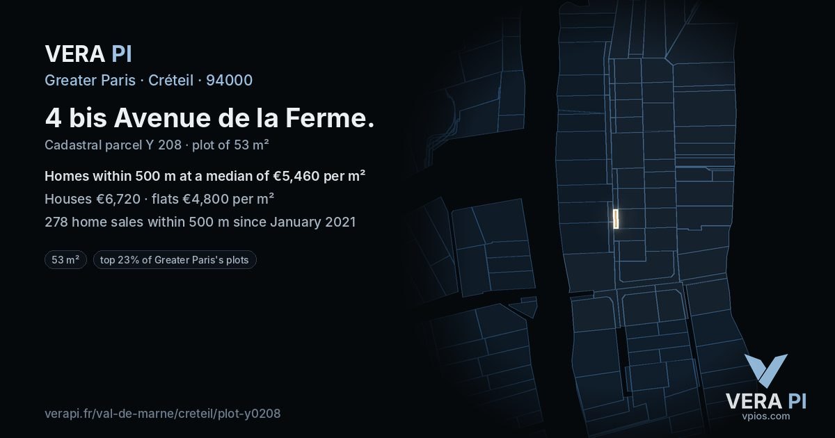 4 bis Avenue de la Ferme, Créteil at night – the plot lit, the parcels around coloured by the prices near them