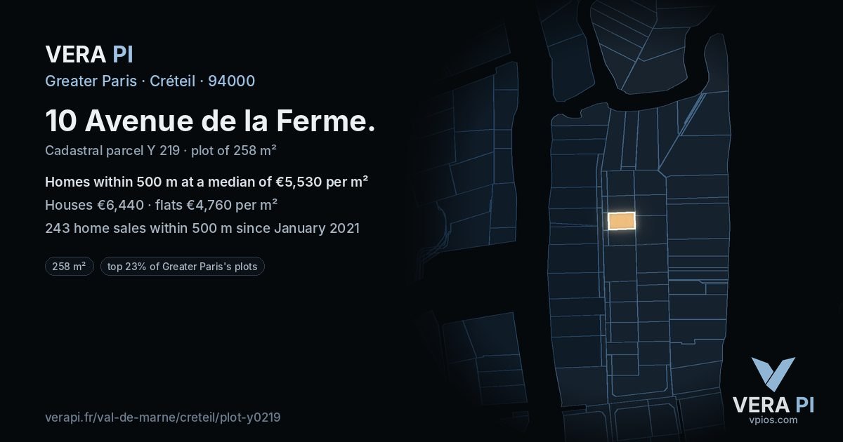 10 Avenue de la Ferme, Créteil at night – the plot lit, the parcels around coloured by the prices near them
