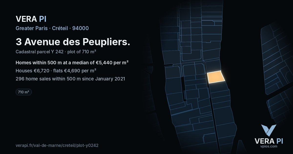 3 Avenue des Peupliers, Créteil at night – the plot lit, the parcels around coloured by the prices near them