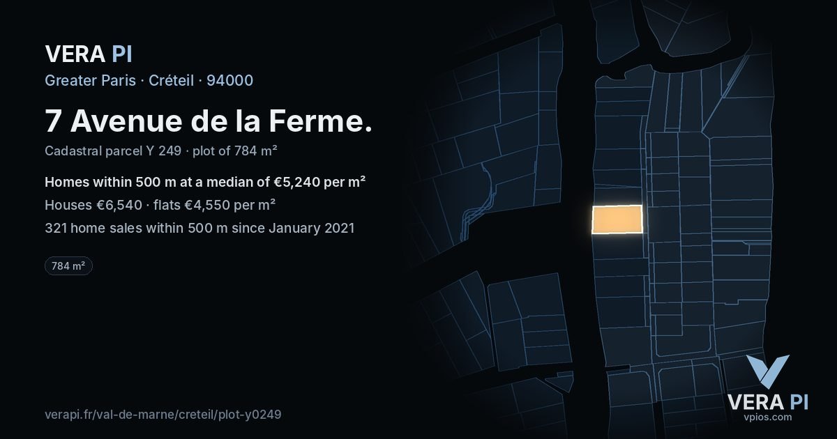 7 Avenue de la Ferme, Créteil at night – the plot lit, the parcels around coloured by the prices near them