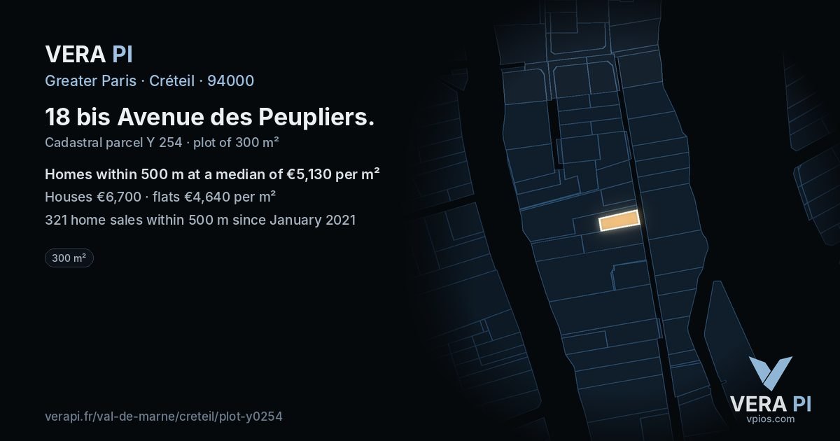 18 bis Avenue des Peupliers, Créteil at night – the plot lit, the parcels around coloured by the prices near them