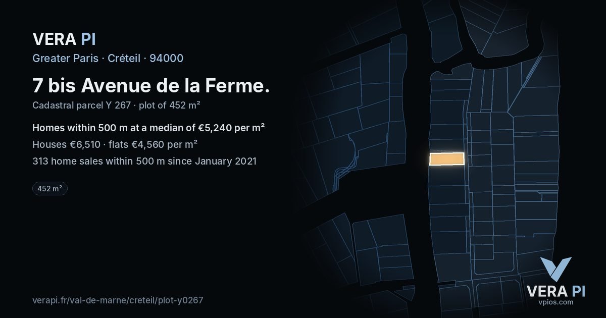 7 bis Avenue de la Ferme, Créteil at night – the plot lit, the parcels around coloured by the prices near them