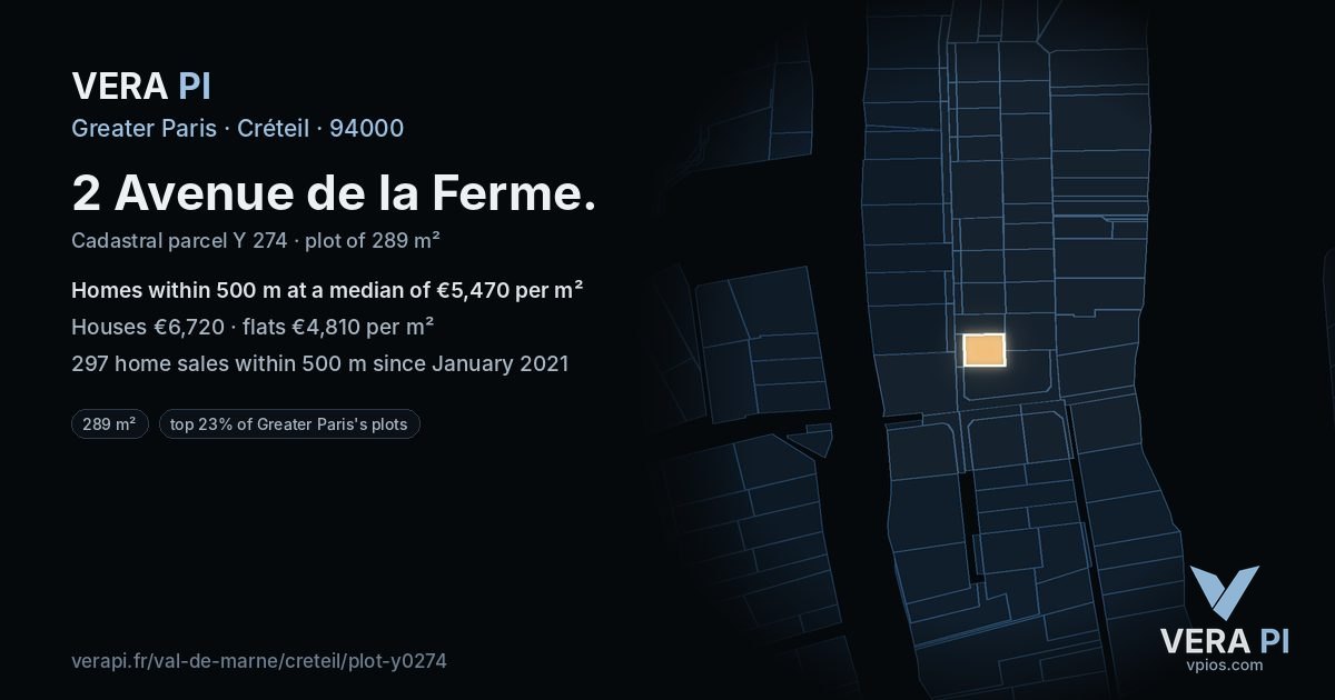 2 Avenue de la Ferme, Créteil at night – the plot lit, the parcels around coloured by the prices near them