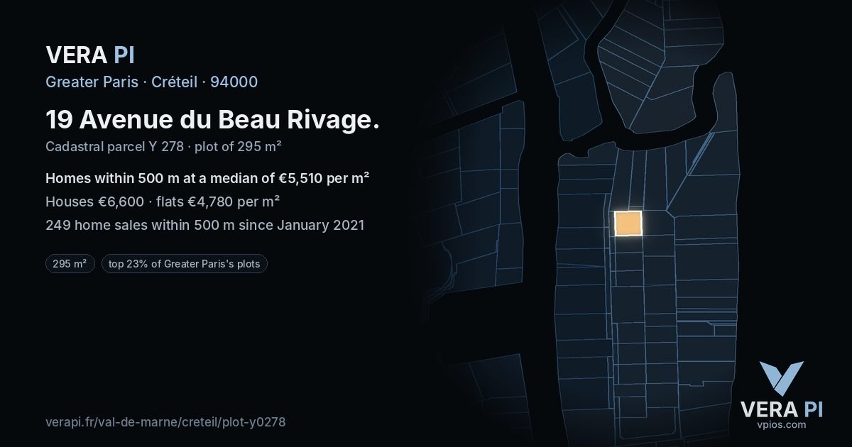 19 Avenue du Beau Rivage, Créteil at night – the plot lit, the parcels around coloured by the prices near them