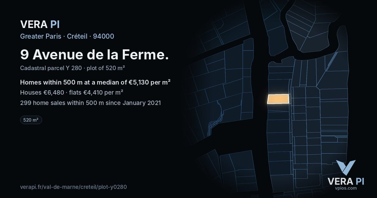 9 Avenue de la Ferme, Créteil at night – the plot lit, the parcels around coloured by the prices near them