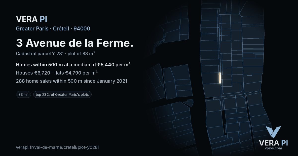 3 Avenue de la Ferme, Créteil at night – the plot lit, the parcels around coloured by the prices near them