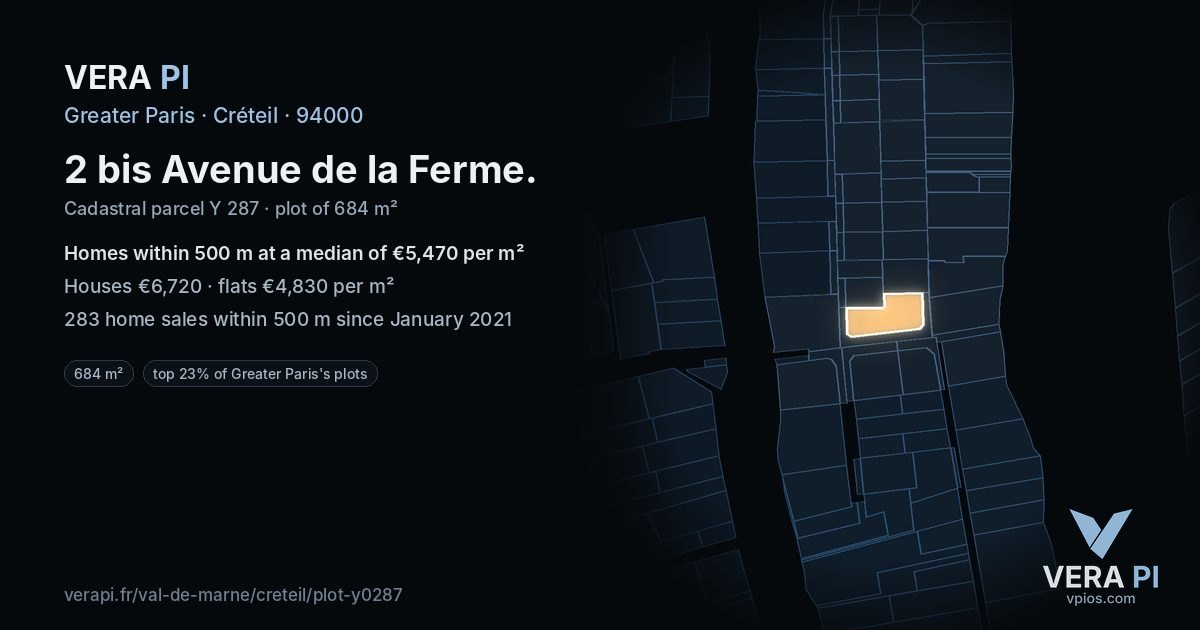 2 bis Avenue de la Ferme, Créteil at night – the plot lit, the parcels around coloured by the prices near them