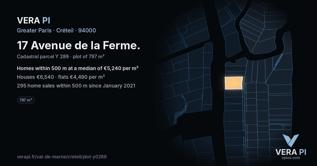 17 Avenue de la Ferme, Créteil at night – the plot lit, the parcels around coloured by the prices near them