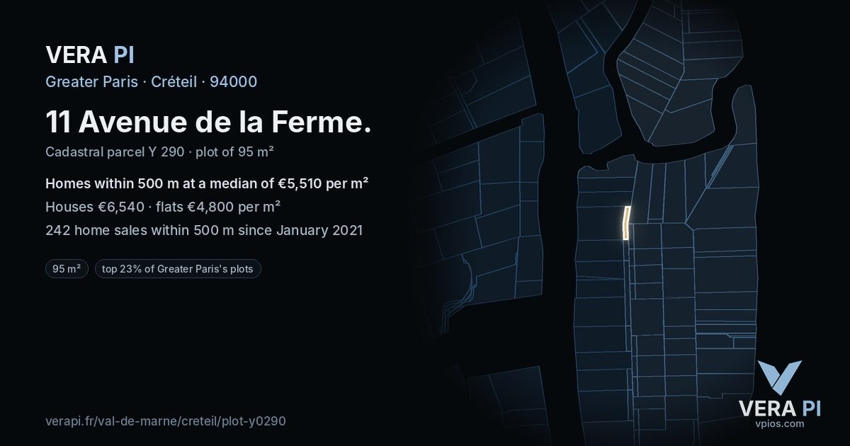 11 Avenue de la Ferme, Créteil at night – the plot lit, the parcels around coloured by the prices near them