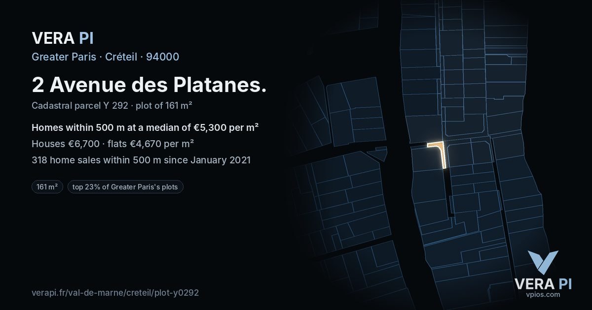 2 Avenue des Platanes, Créteil at night – the plot lit, the parcels around coloured by the prices near them