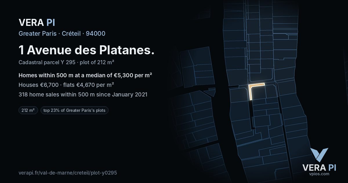 1 Avenue des Platanes, Créteil at night – the plot lit, the parcels around coloured by the prices near them