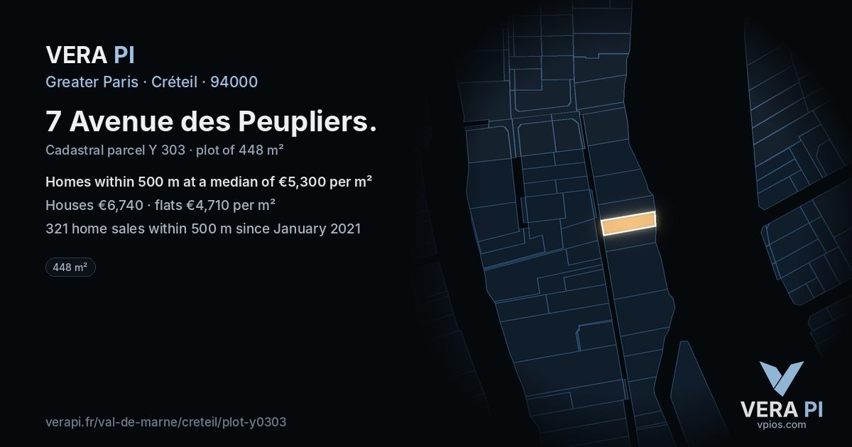 7 Avenue des Peupliers, Créteil at night – the plot lit, the parcels around coloured by the prices near them