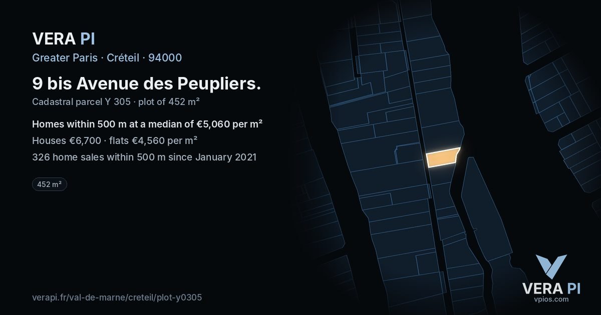 9 bis Avenue des Peupliers, Créteil at night – the plot lit, the parcels around coloured by the prices near them