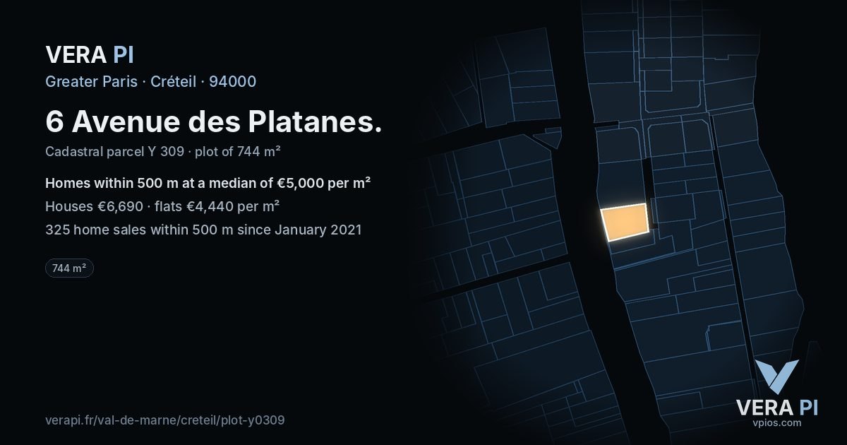 6 Avenue des Platanes, Créteil at night – the plot lit, the parcels around coloured by the prices near them