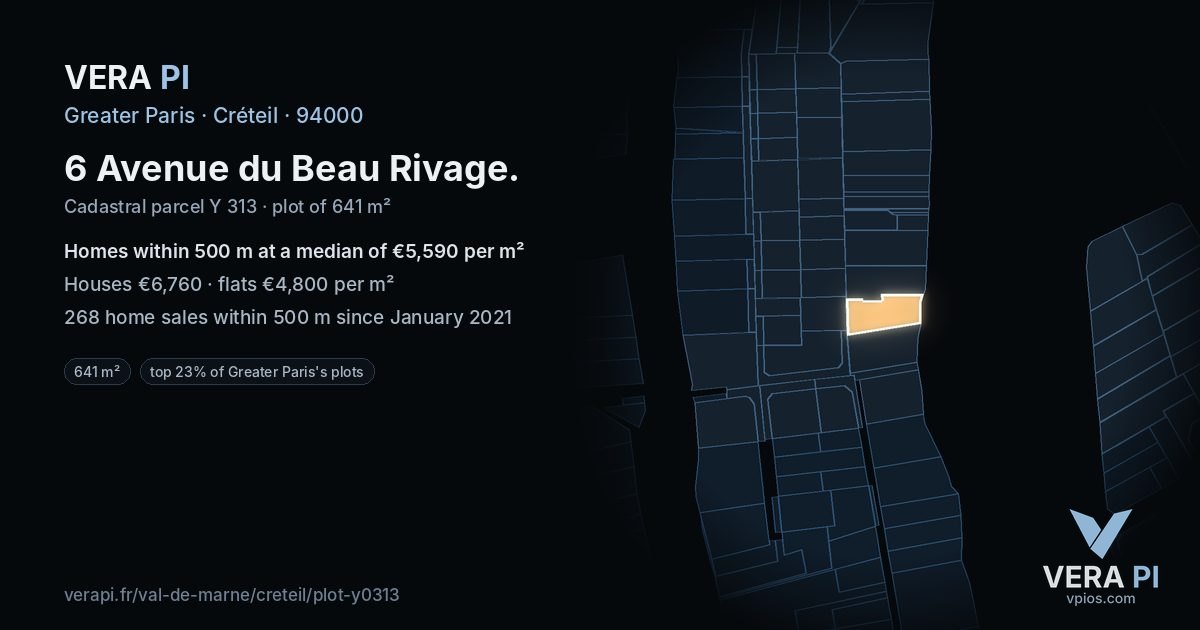 6 Avenue du Beau Rivage, Créteil at night – the plot lit, the parcels around coloured by the prices near them