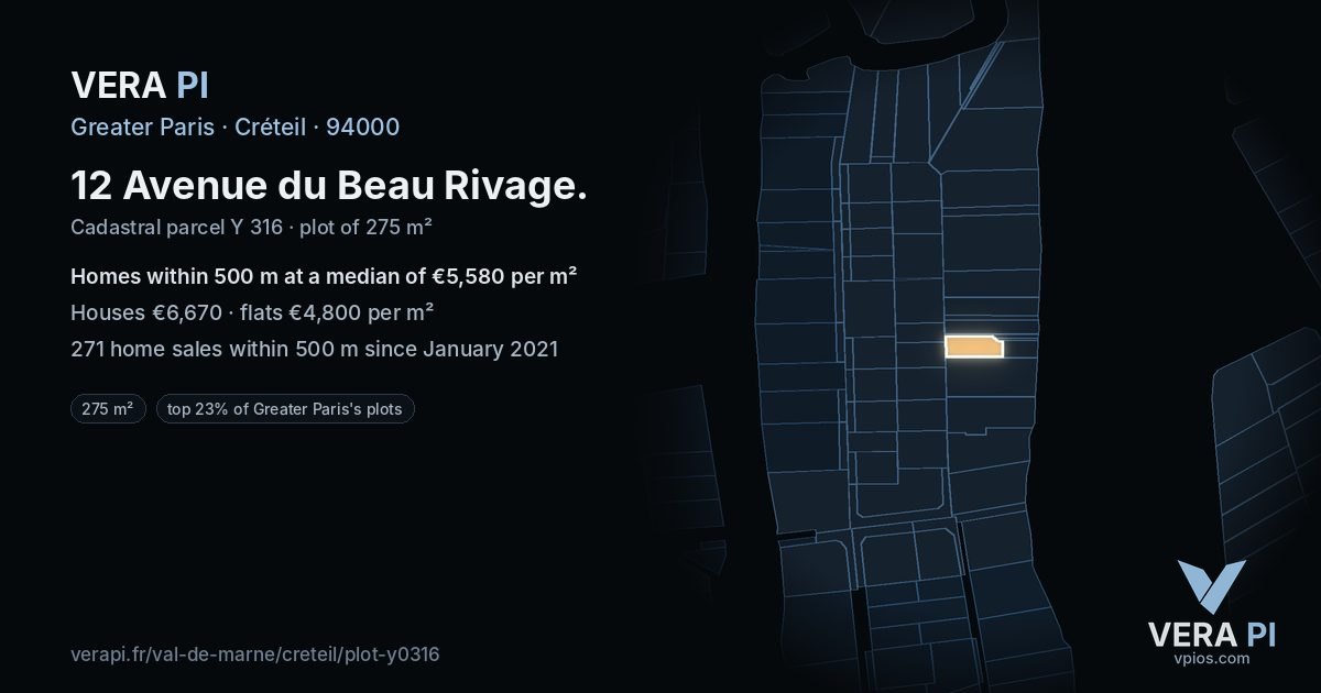 12 Avenue du Beau Rivage, Créteil at night – the plot lit, the parcels around coloured by the prices near them
