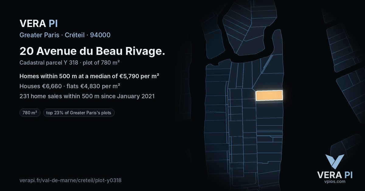 20 Avenue du Beau Rivage, Créteil at night – the plot lit, the parcels around coloured by the prices near them