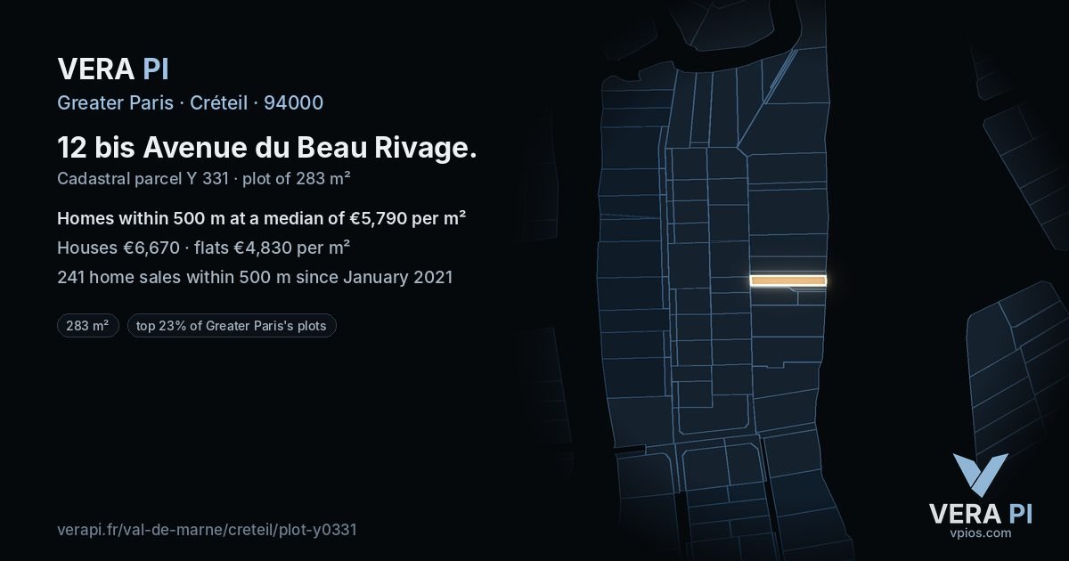 12 bis Avenue du Beau Rivage, Créteil at night – the plot lit, the parcels around coloured by the prices near them