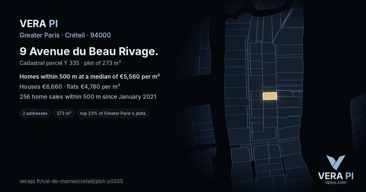 9 Avenue du Beau Rivage, Créteil at night – the plot lit, the parcels around coloured by the prices near them