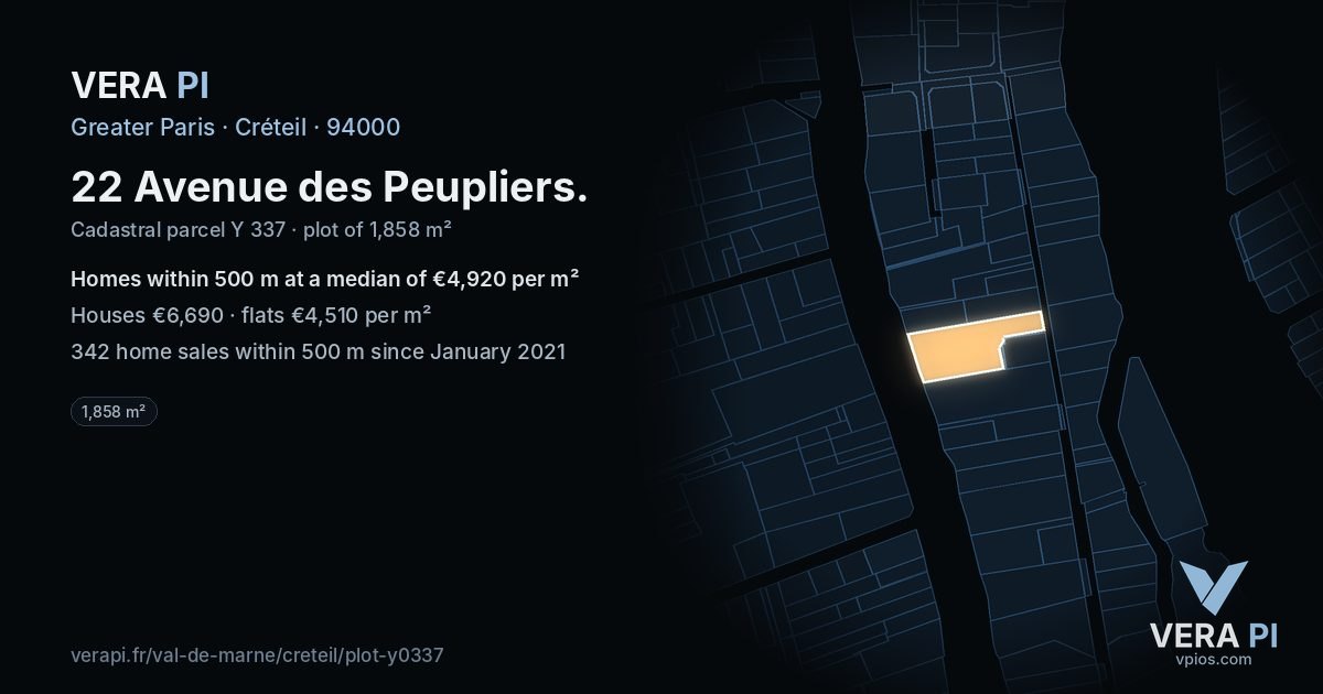 22 Avenue des Peupliers, Créteil at night – the plot lit, the parcels around coloured by the prices near them