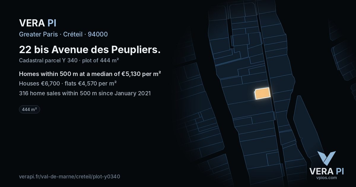 22 bis Avenue des Peupliers, Créteil at night – the plot lit, the parcels around coloured by the prices near them