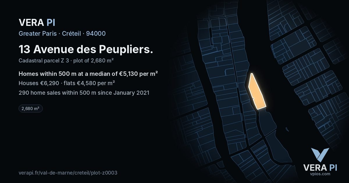 13 Avenue des Peupliers, Créteil at night – the plot lit, the parcels around coloured by the prices near them