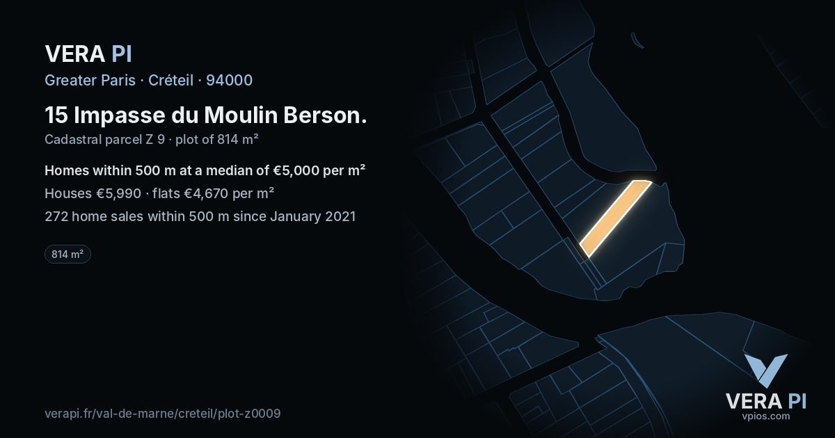 15 Impasse du Moulin Berson, Créteil at night – the plot lit, the parcels around coloured by the prices near them